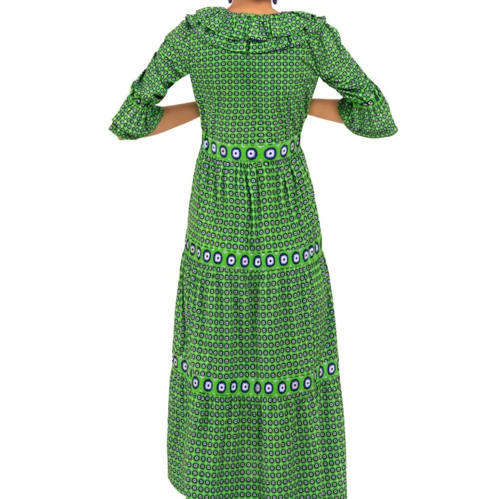 Gretchen Scott Designs Posh Foulard Midi/Maxi blue and green ruffle neck dress - Picture 3 of 6
